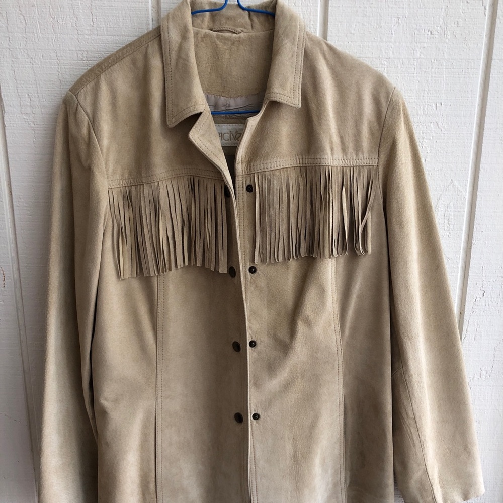 Cream fringe leather jacket by Cache